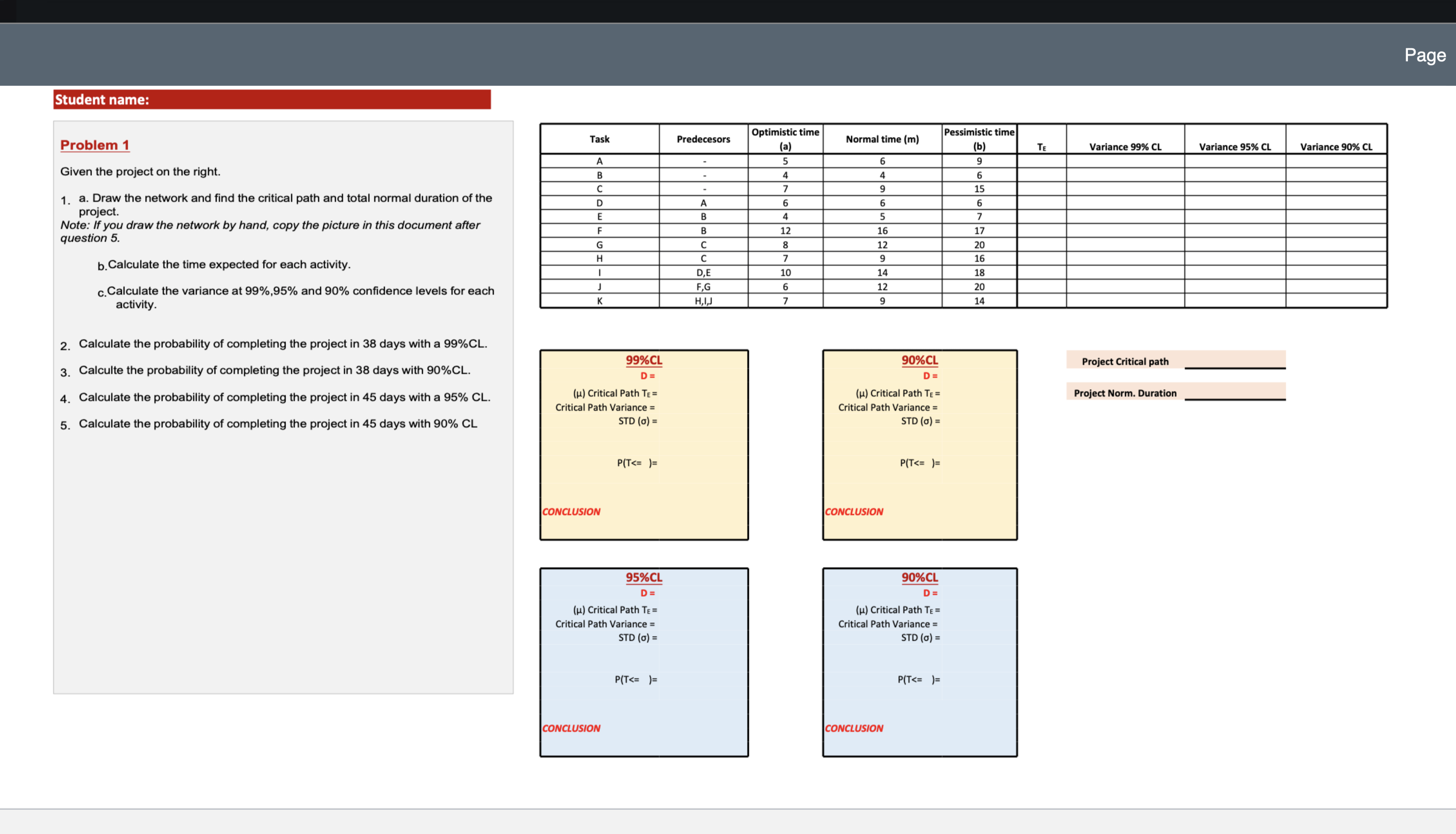 Problem 1 Given the project on the right. 1. a.