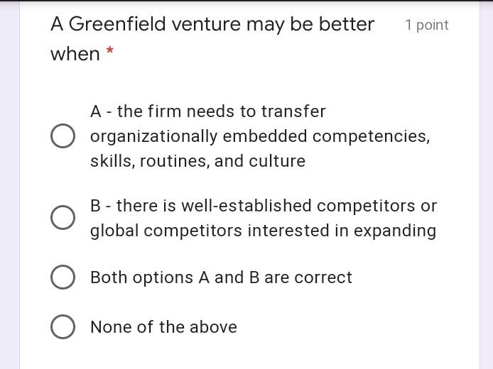 1 point A Greenfield venture may be better when *