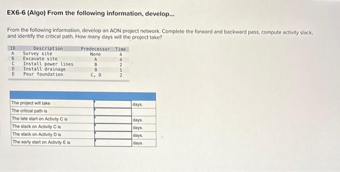 EX6-6 (Algo) From the following information,