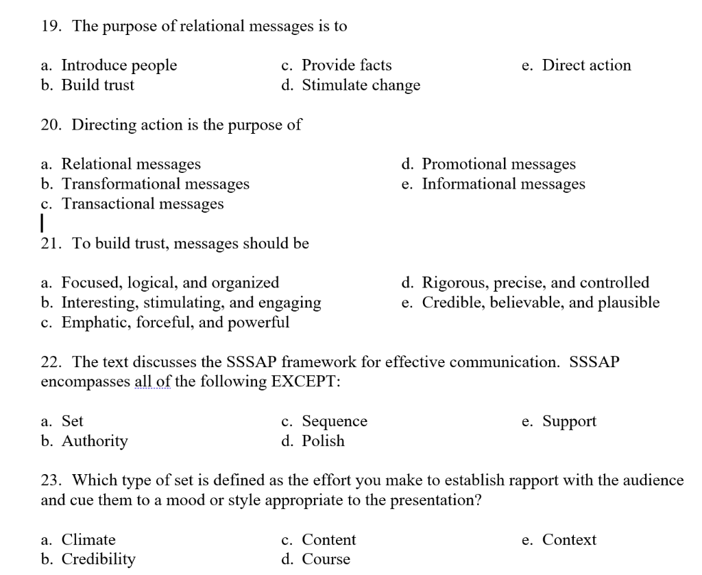 19. The purpose of relational messages is to a.