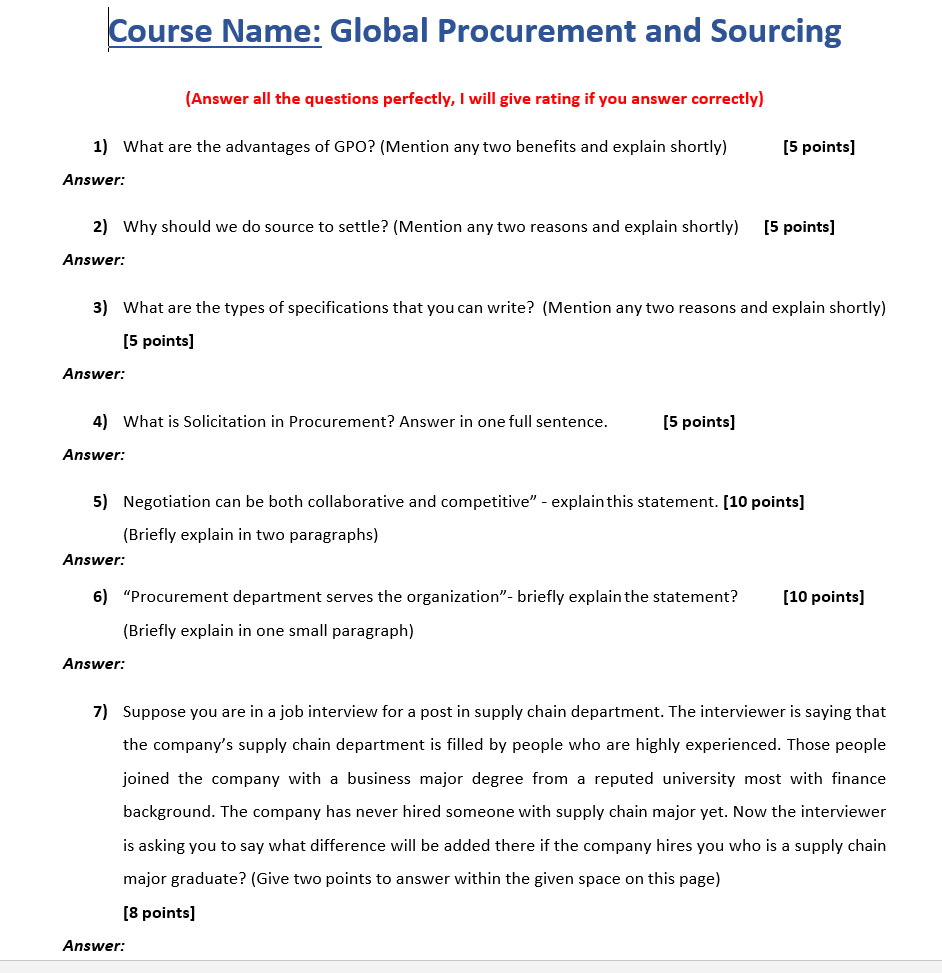 Course Name: Global Procurement and Sourcing