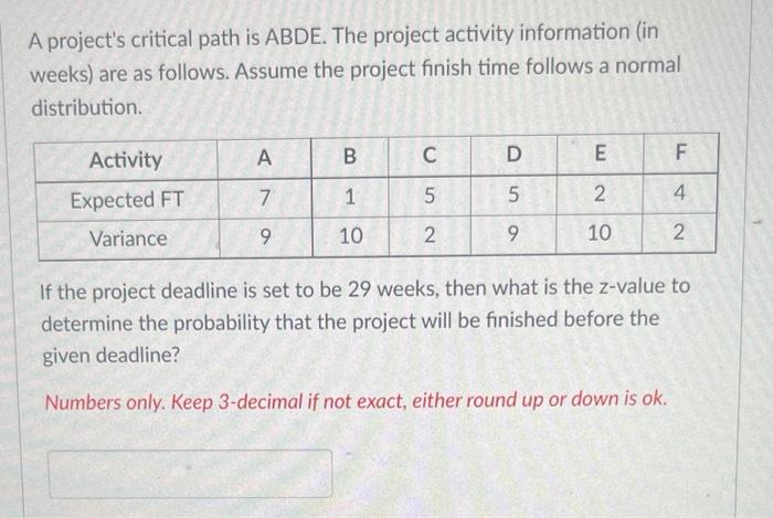 A project's critical path is ABDE. The project