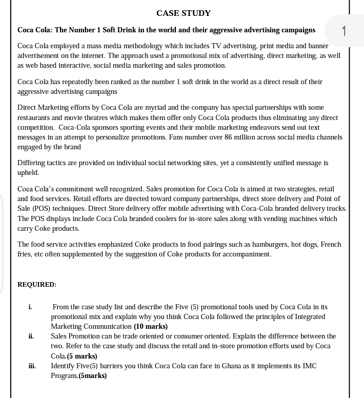 HELP! CASE STUDY Coca Cola: The Number 1 Soft