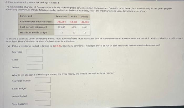 Alinear programming computer package is needed.