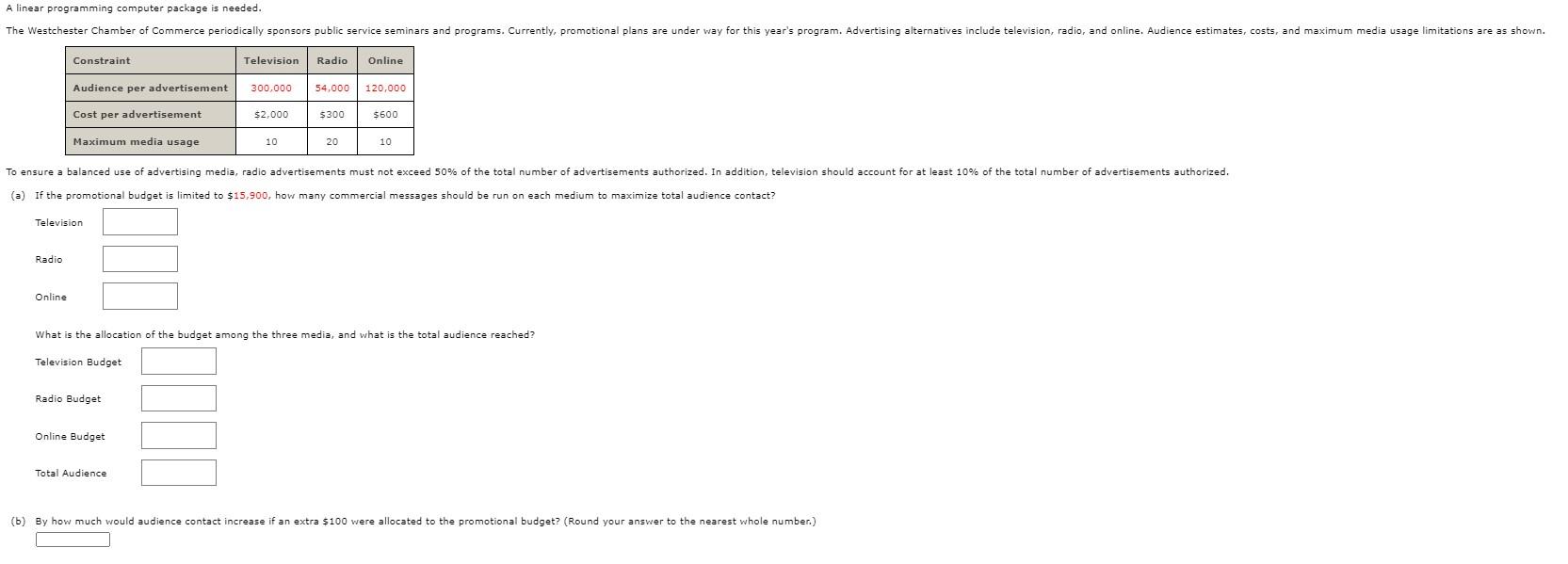 A linear programming computer package is needed.