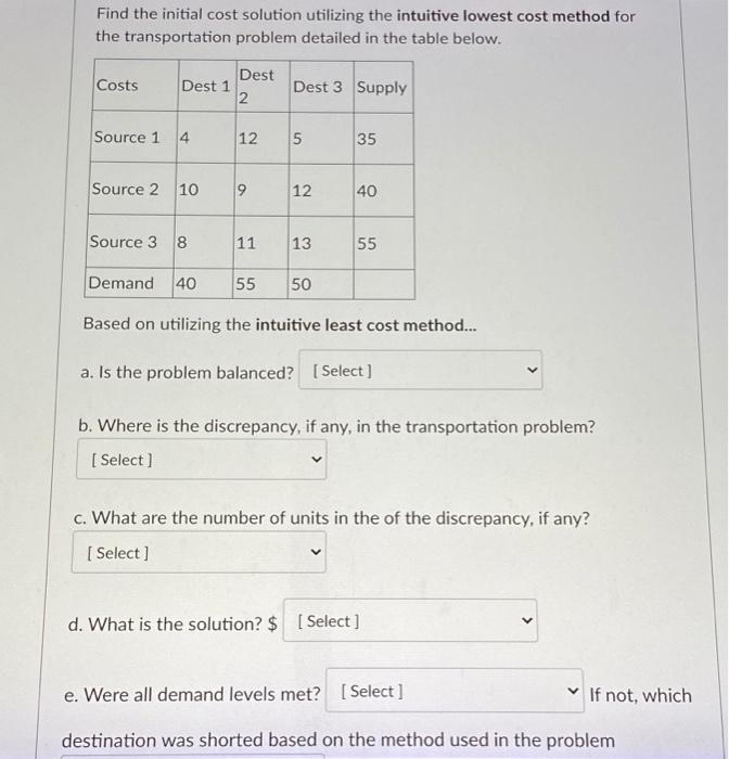 Find the initial cost solution utilizing the