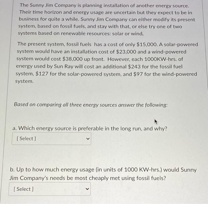 The Sunny Jim Company is planning installation of