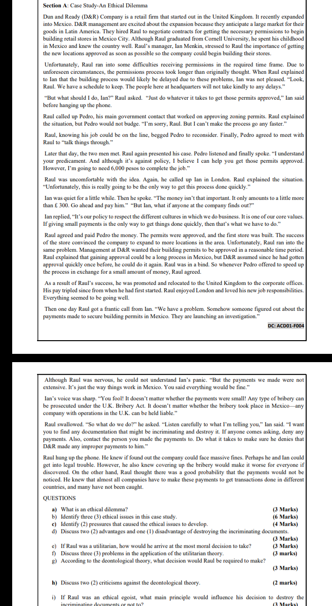 the course is actually Business ethics Section A: