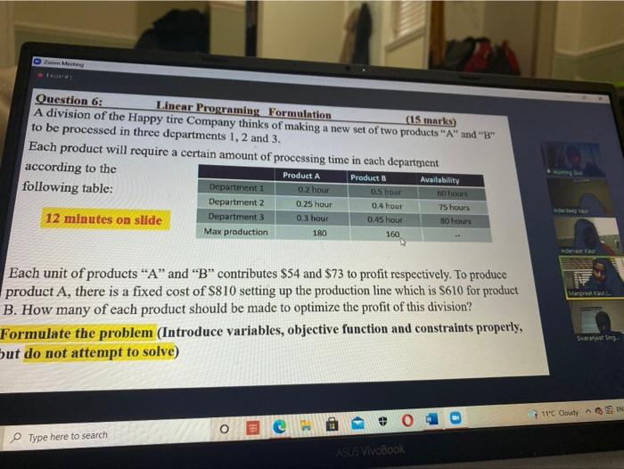 Question 6: Linear Programing Formulation A
