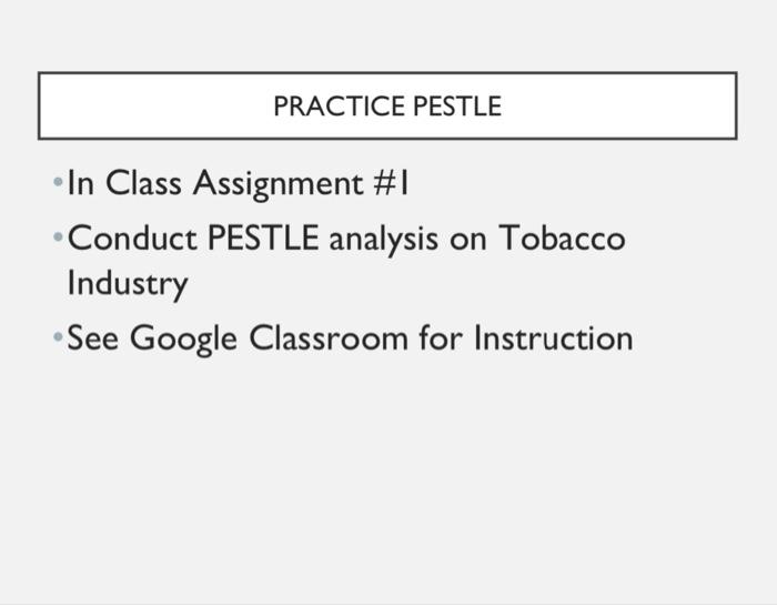 PRACTICE PESTLE In Class Assignment #1 Conduct