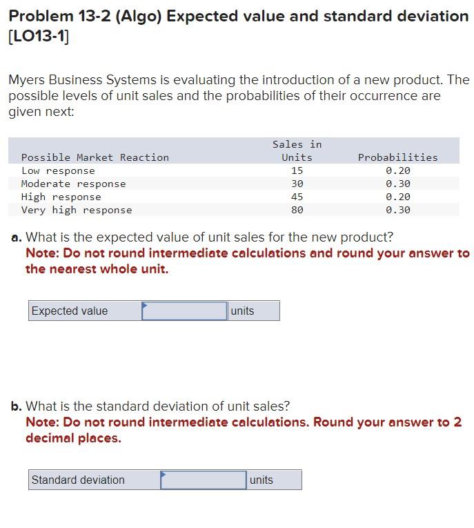 Problem 13-2 (Algo) Expected value and standard