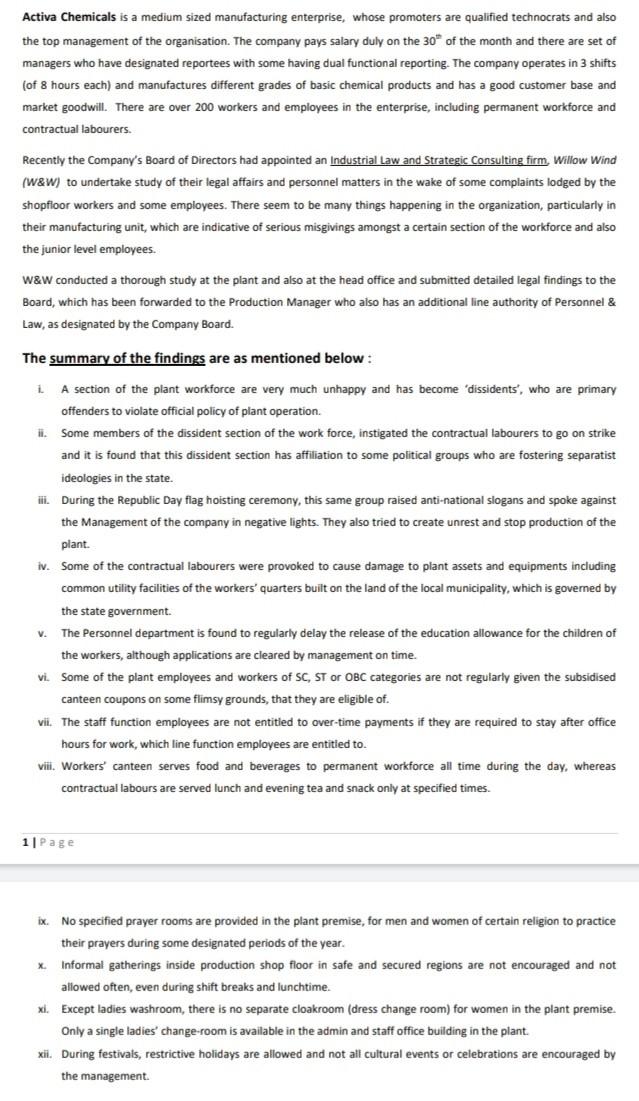 The Production Manager constitutes two informal