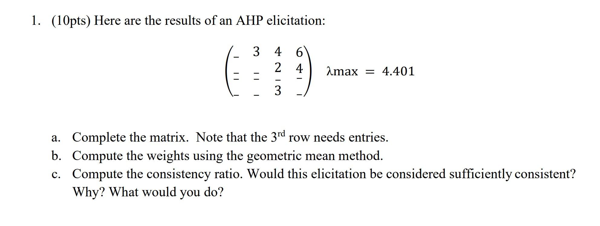 1. (10pts) Here are the results of an AHP