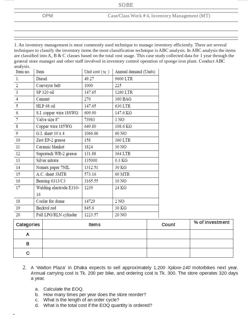 SOBE OPM Case/Class Work # 4, Inventory