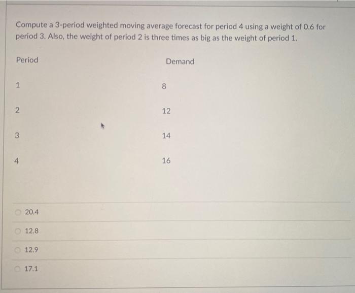 Please help Compute a 3-period weighted moving