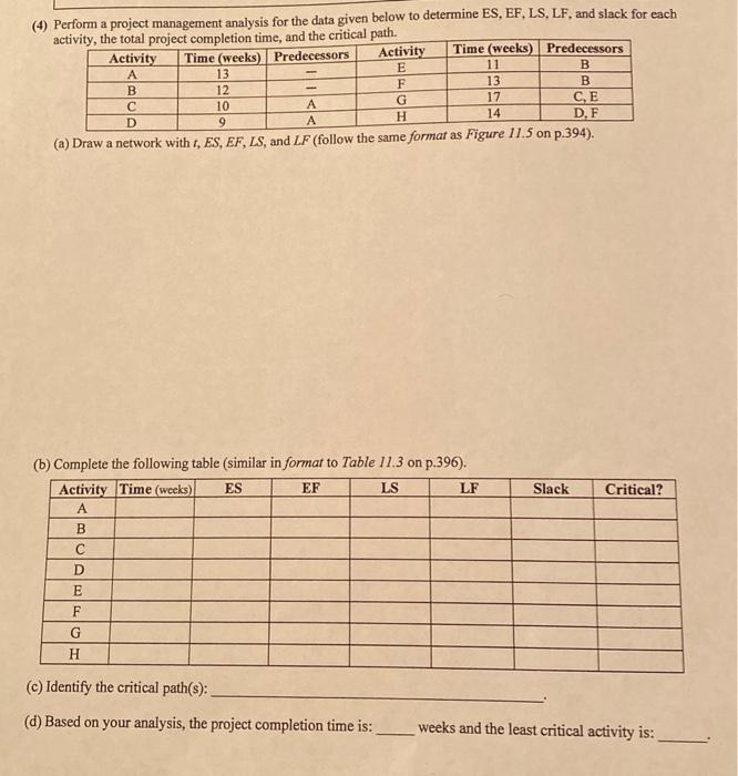 (4) Perform a project management analysis for the