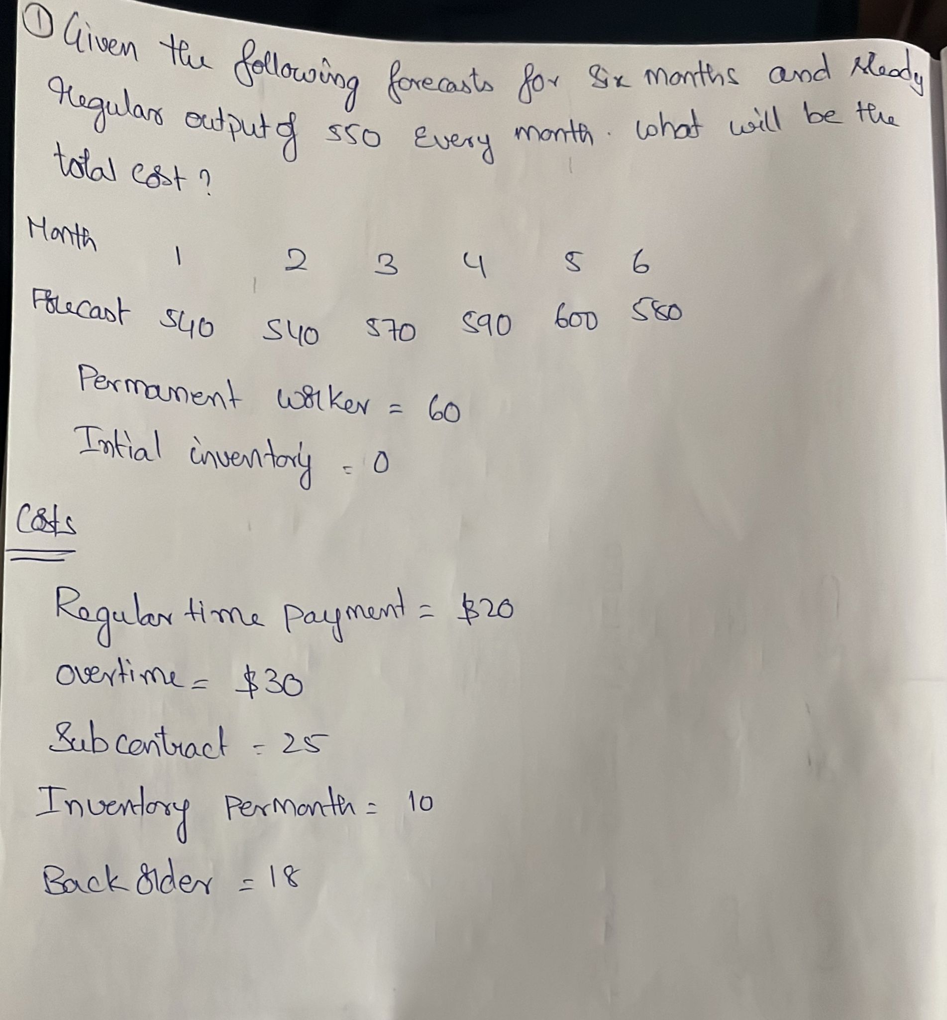 (1) Given the following forecasts for Six months