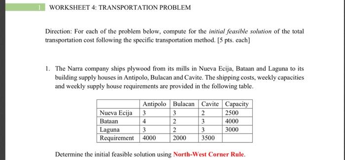 WORKSHEET 4: TRANSPORTATION PROBLEM Direction:
