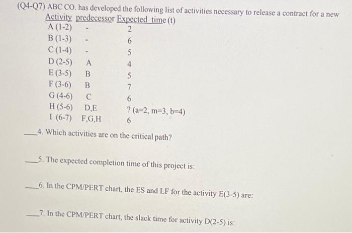 PLEASE SHOW ALL WORK!!! (Q4-Q7) ABC CO. has