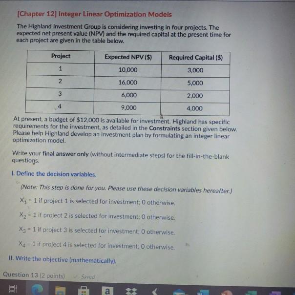 [Chapter 12] Integer Linear Optimization Models