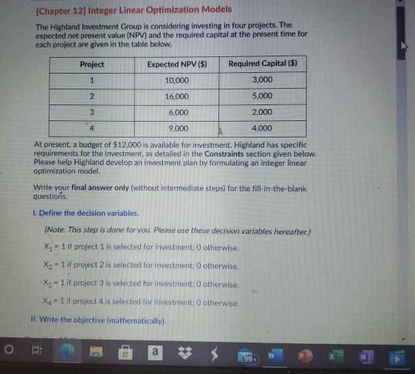 [Chapter 12] Integer Linear Optimization Models