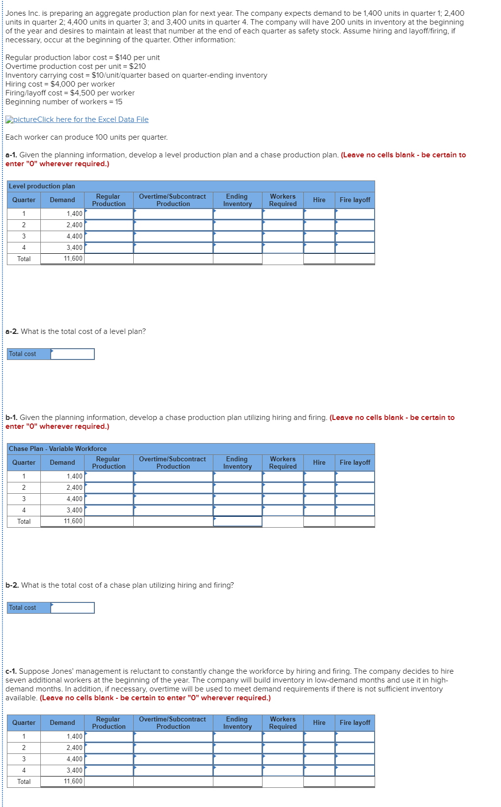 Jones Inc. is preparing an aggregate production