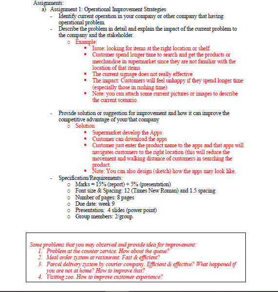 Assignments: a) Assignment 1: Operational
