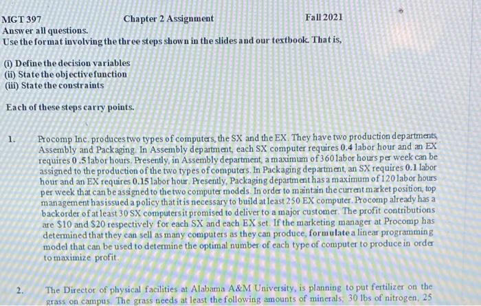 MGT 397 Chapter 2 Assignment Fall 2021 Answer all