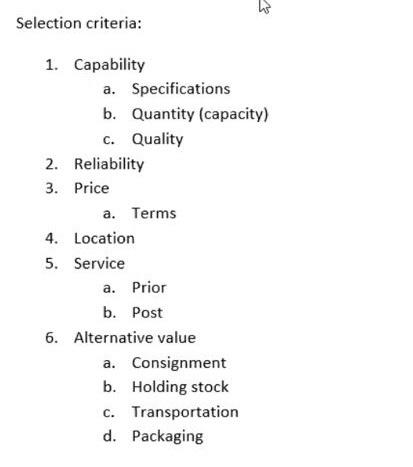 This is selection criteria for supplier in supply