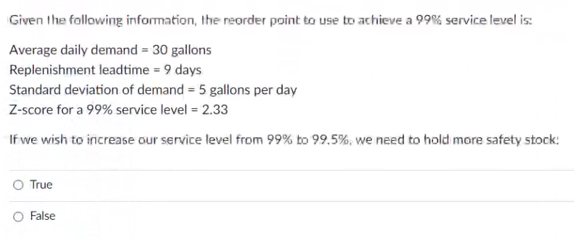 Given the following information, the reorder