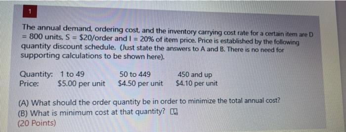 The annual demand, ordering cost, and the