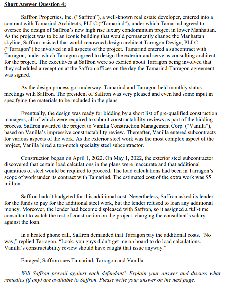 Short Answer Question 4: Saffron Properties, Inc.