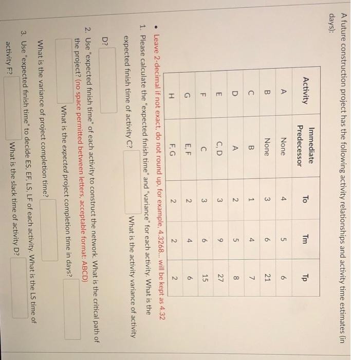 A future construction project has the following