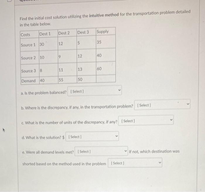 answer all please Find the initial cost solution