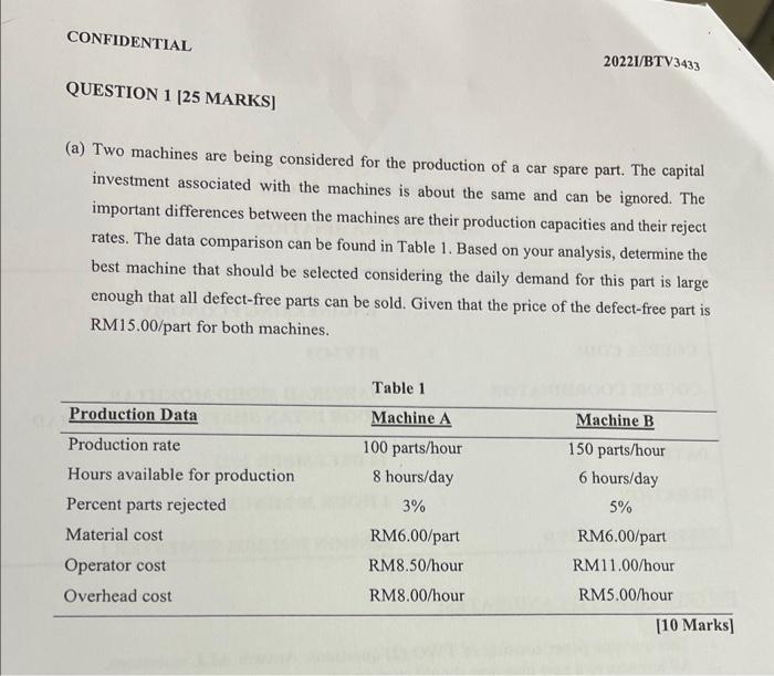 QUESTION 1 [25 MARKS] (a) Two machines are being