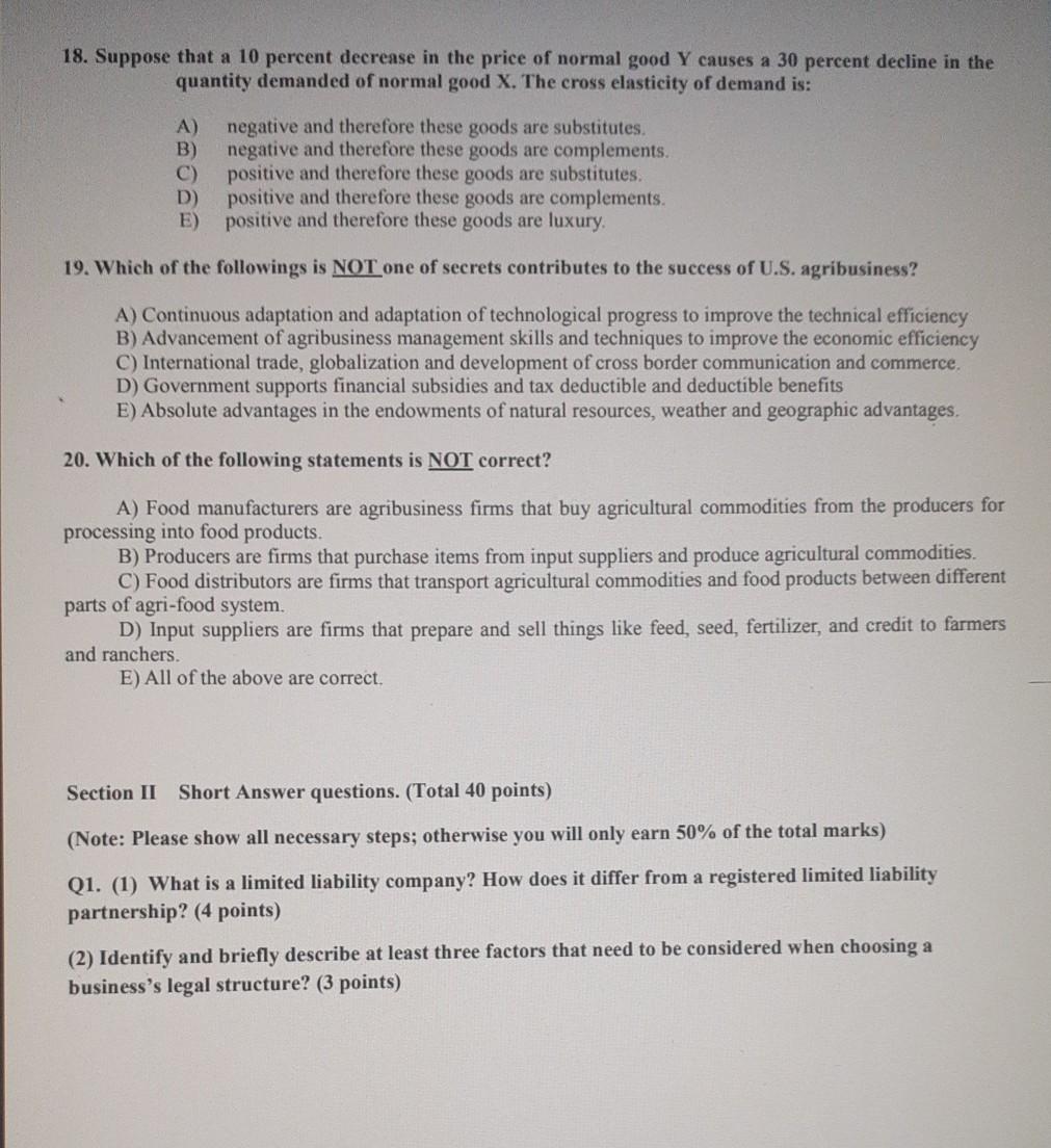 18. Suppose that a 10 percent decrease in the