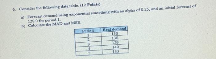 6. Consider the following data table. (12 Points)