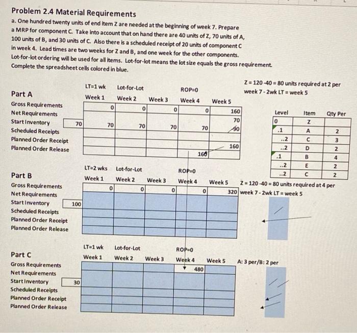 please show excel work. 0 Qty Per Problem 2.4