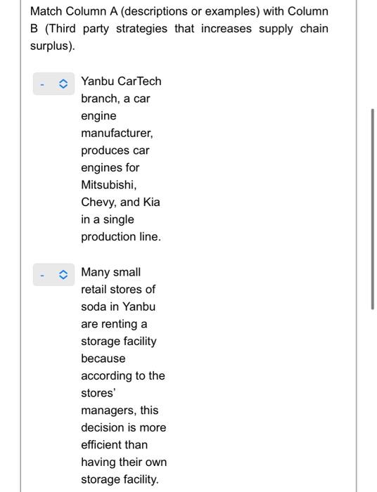 Match Column A (descriptions or examples) with