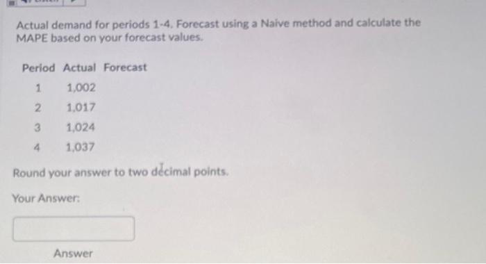 Actual demand for periods 1-4. Forecast using a