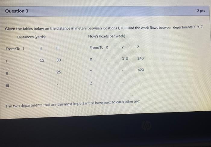 Question 3 2 pts Given the tables below on the