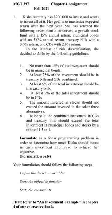 MGT 397 Chapter 4 Assignment Fall 2021 1. Kisha