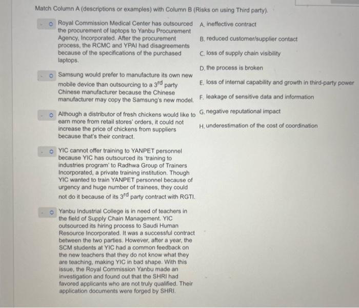 need help asap Match Column A (descriptions or