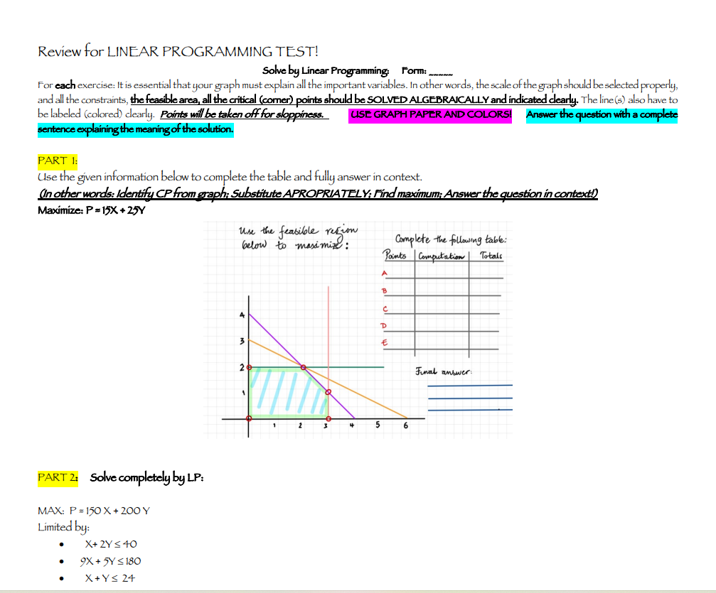 Review for LINEAR PROGRAMMING TEST! Solve by