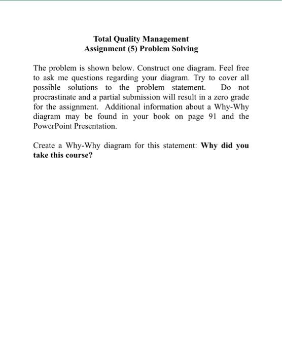 Total Quality Management Assignment (5) Problem