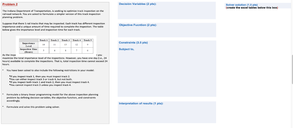 Problem 2 Decisin Variables (2 pts): Solver