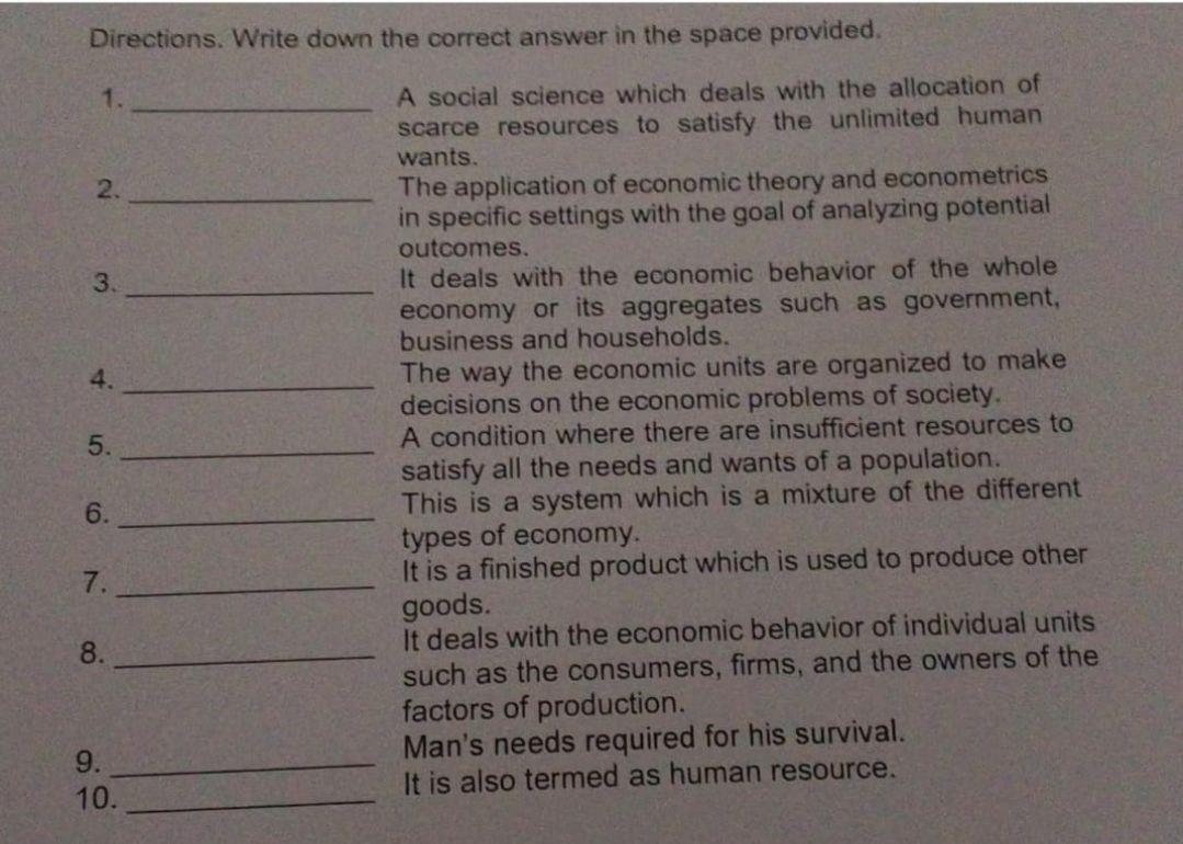 Directions. Write down the correct answer in the