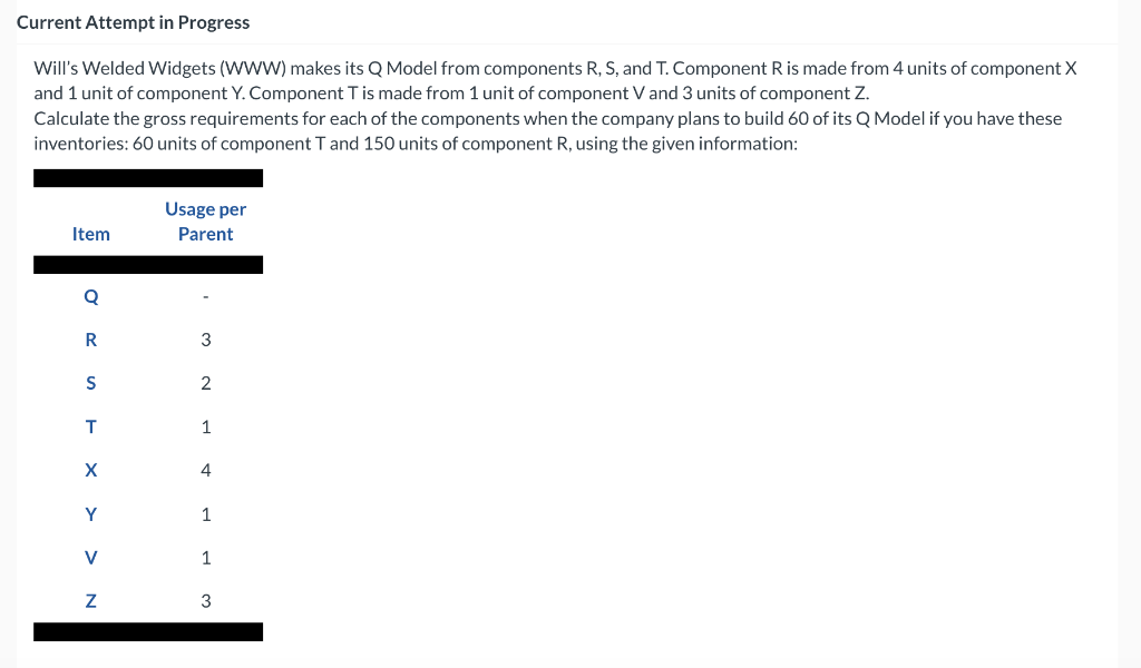 Will's Welded Widgets (WWW) makes its Q Model