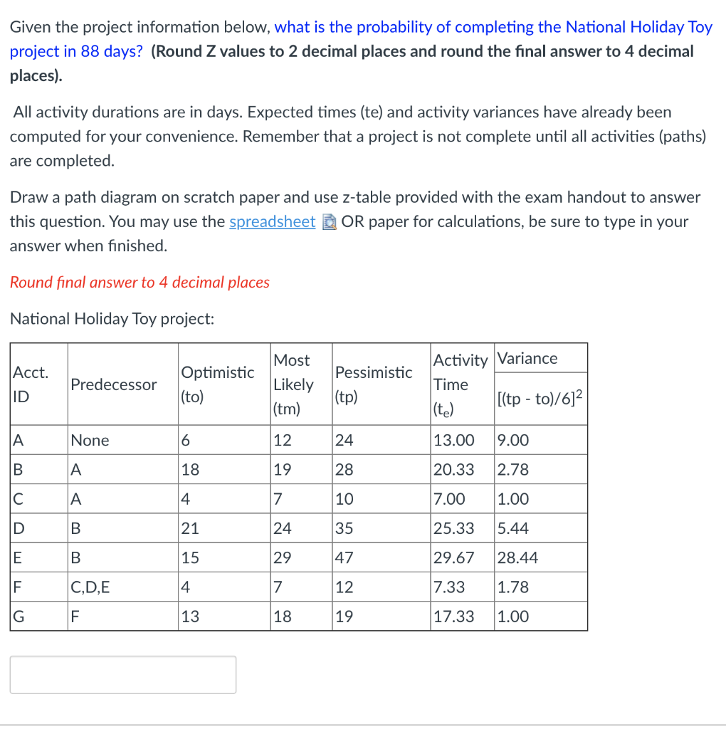 Given the project information below, what is the