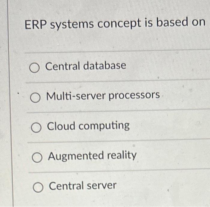 ERP systems concept is based on Central database